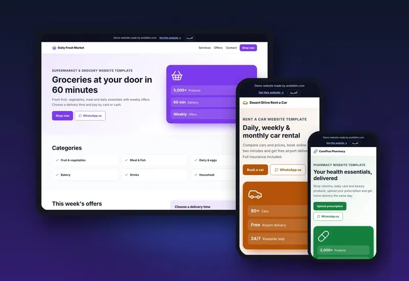 Supermarket, rent a car and pharmacy website templates in Arabic and English on a tablet and phones