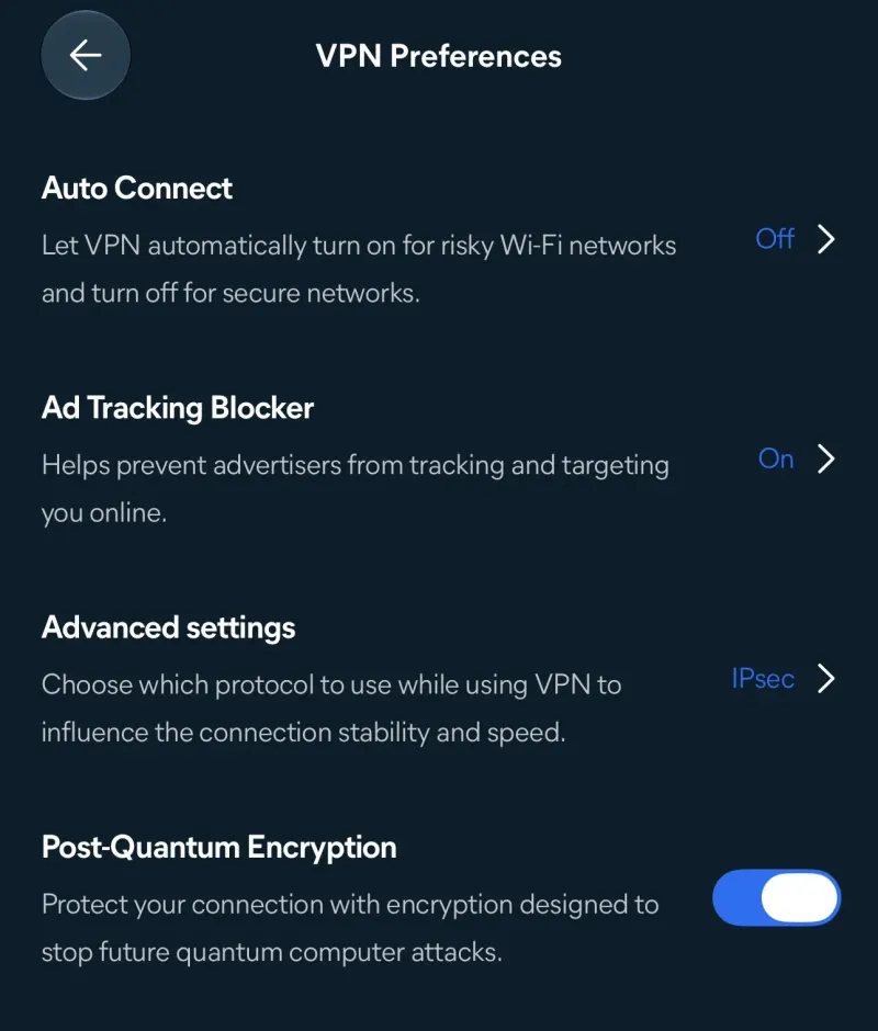 Avast Premium VPN preferences with Auto Connect, Ad Tracking Blocker, protocol choice and Post-Quantum Encryption