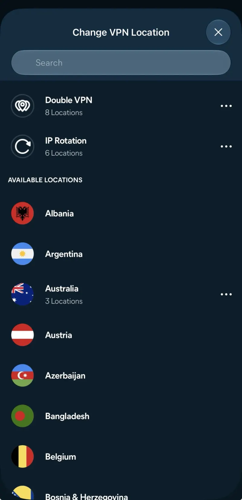 Avast Premium VPN location list with Double VPN, IP Rotation and server countries