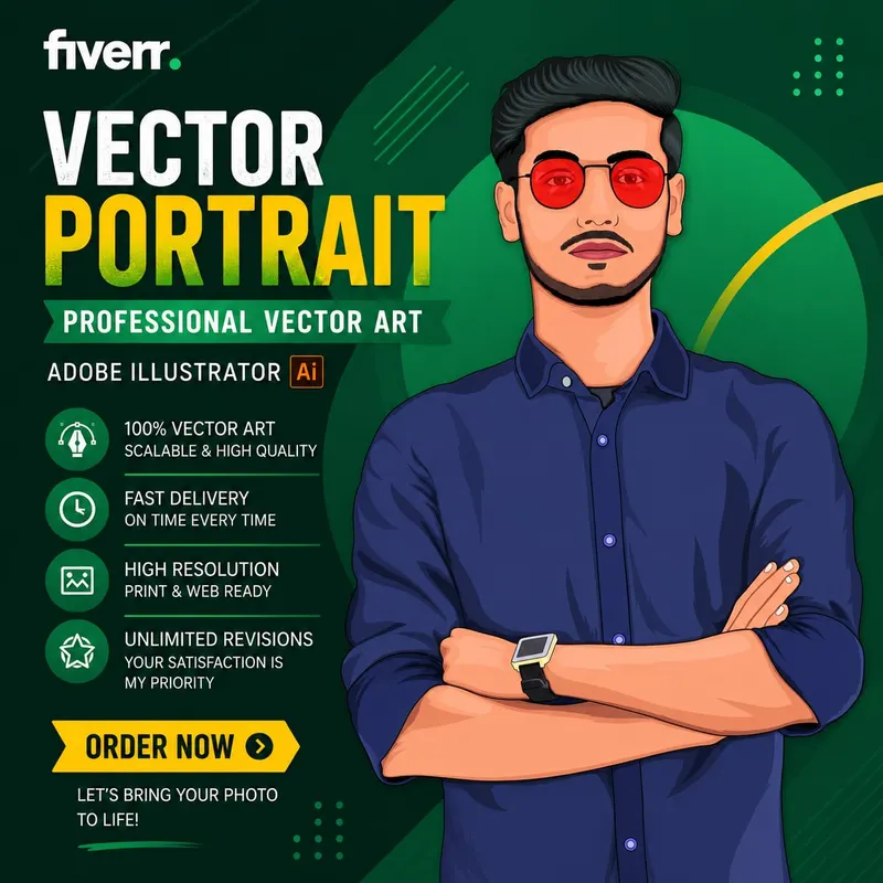 Vector portrait service poster showing an illustrated man in a navy shirt