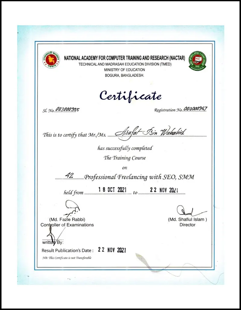 NACTAR Professional Freelancing certificate