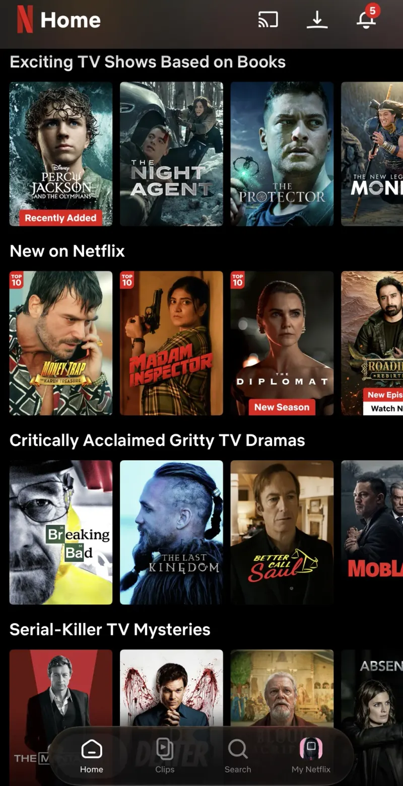 Netflix home screen on a phone with movies and series like Breaking Bad and Better Call Saul