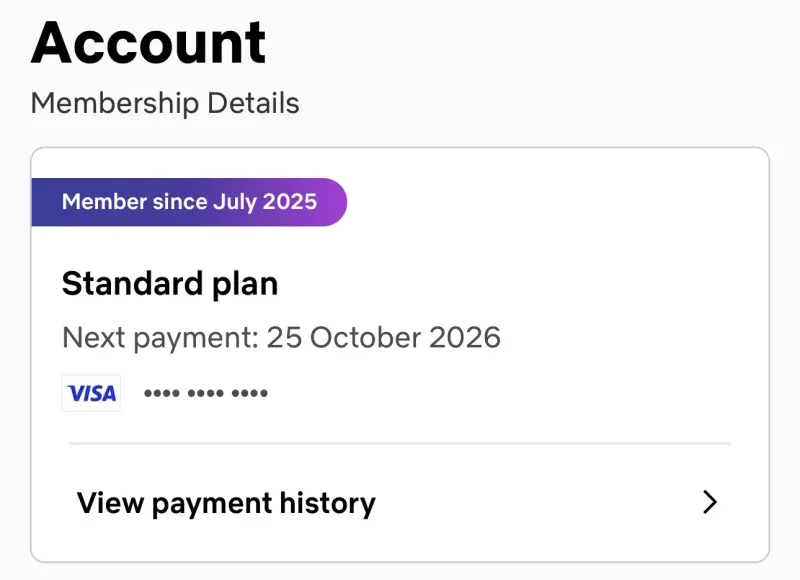 Netflix Standard plan membership details of the account, paid every month