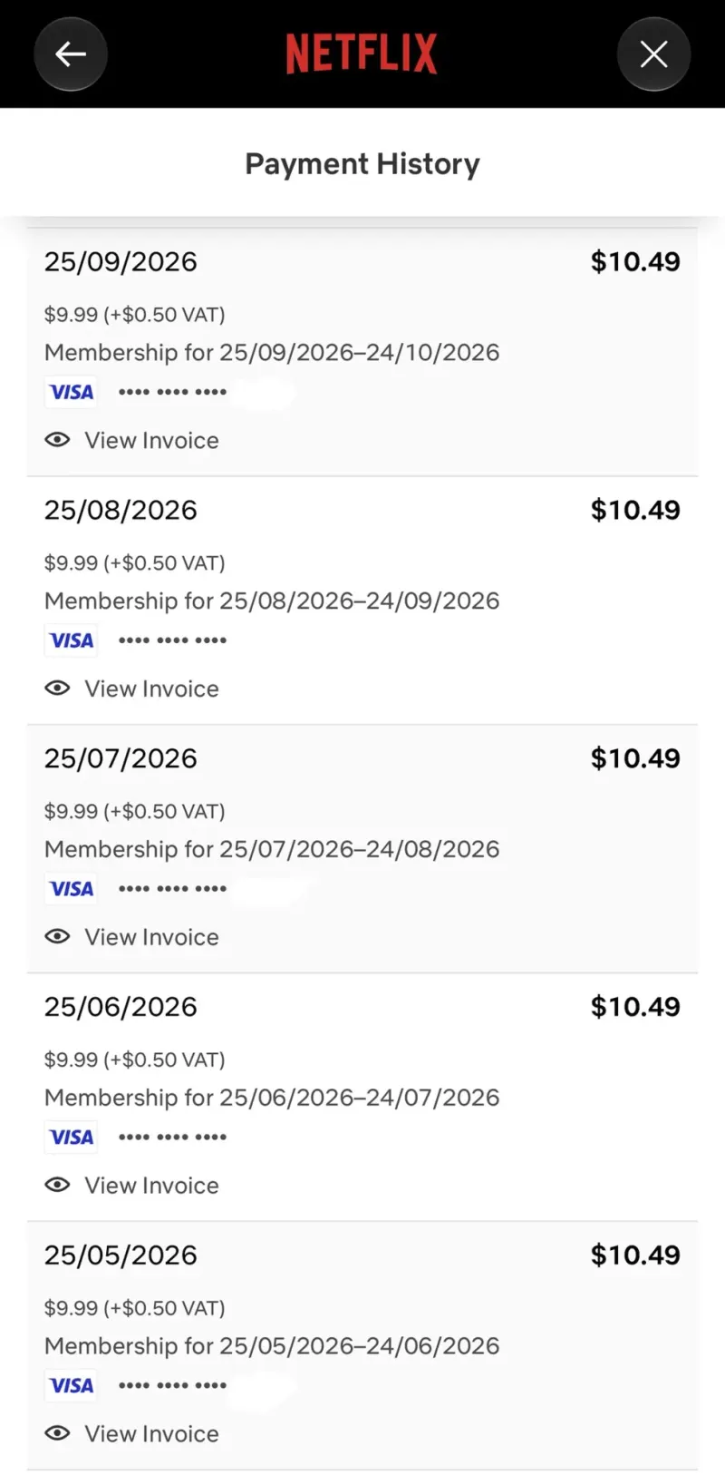 Netflix subscription payment history: monthly payments paid on time