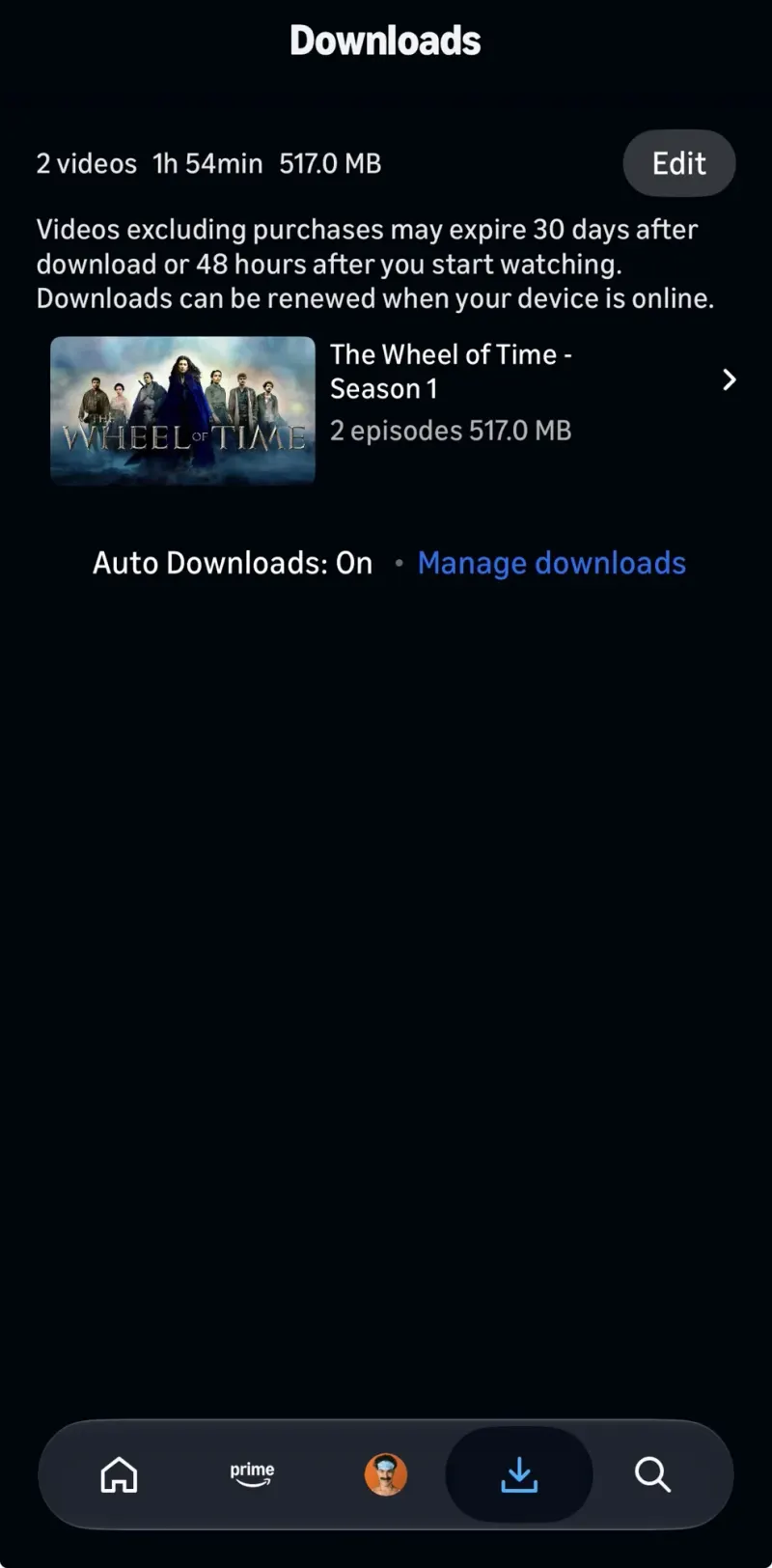 Prime Video downloads screen: The Wheel of Time episodes downloaded to watch offline