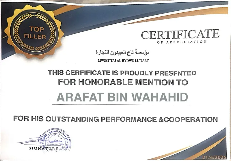 Top Filler certificate of appreciation