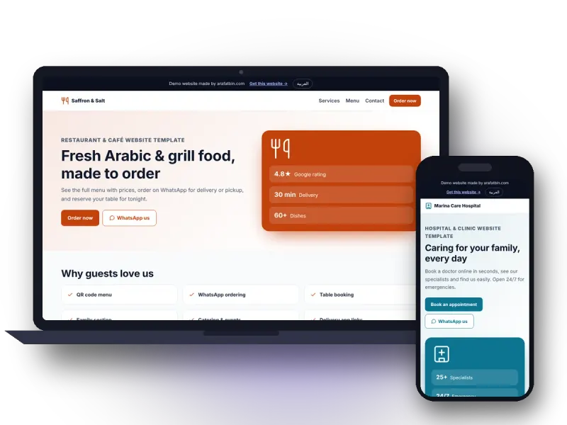 Responsive business website design on a laptop and a phone, made by arafatbin.com for Gulf businesses